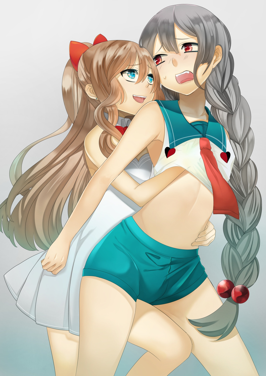 blue_eyes bow braid brown_hair crossdressing dress earrings fangs gradient gradient_background grey_background grey_hair hair_bobbles hair_bow hair_ornament highres jewelry long_hair male_focus multiple_boys navel necktie open_mouth original pana-na ponytail red_eyes shorts simple_background smile trap twin_braids twintails yaoi