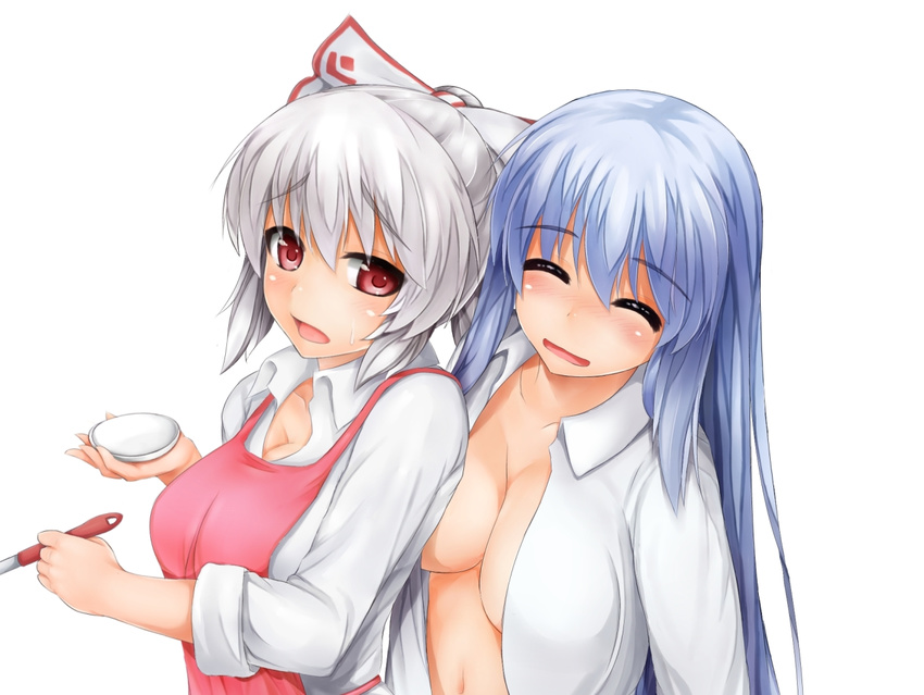 alternate_hairstyle apron blue_hair blush bow breasts cleavage closed_eyes collarbone cooking drunk fujiwara_no_mokou hair_bow ishikei_(style) kamishirasawa_keine large_breasts long_hair multiple_girls naked_shirt nikonikosiro no_bra open_clothes open_mouth open_shirt pink_eyes plate ponytail shirt silver_hair simple_background sleeves_rolled_up touhou very_long_hair white_background yuri