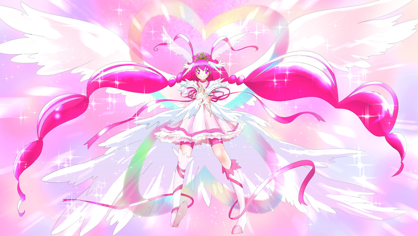 absurdly_long_hair angel_wings antenna_hair bad_id bad_pixiv_id bike_shorts boots bow brooch choker cure_happy full_body head_wings heart highres hoshizora_miyuki jewelry knee_boots long_hair looking_at_viewer mono_(nekogoya) pink pink_choker pink_eyes pink_hair pink_shorts pink_skirt precure ribbon shorts shorts_under_skirt skirt smile smile_precure! solo tiara twintails ultra_cure_happy very_long_hair wings
