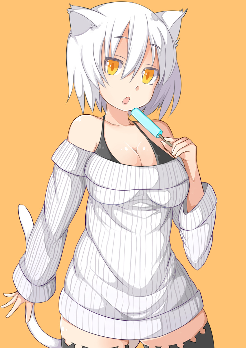 :o absurdres animal_ears bare_shoulders black_legwear breasts cat_ears cat_tail cleavage dress food highres large_breasts long_sleeves looking_at_viewer off-shoulder_sweater original popsicle redrose214 ribbed_sweater short_hair simple_background sketch solo sweater sweater_dress tail thighhighs white_hair yellow_background yellow_eyes zettai_ryouiki