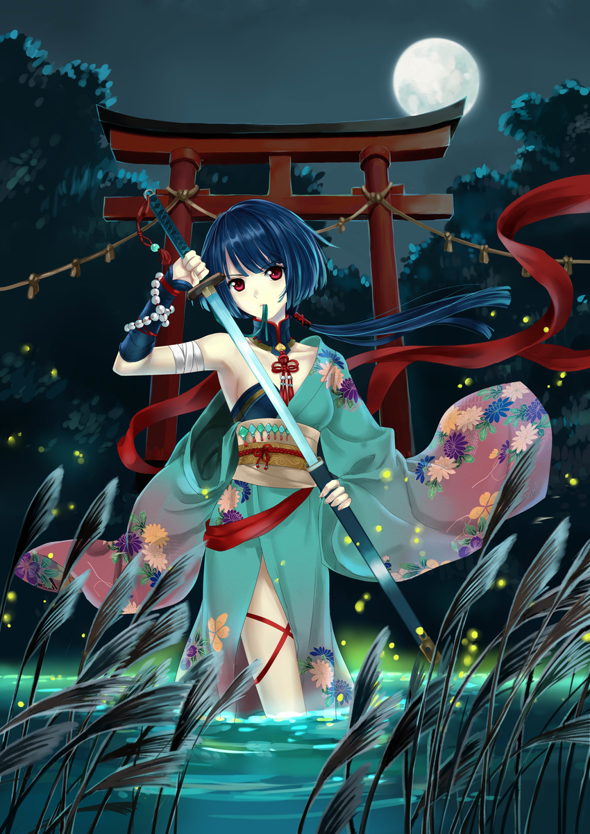 absurdres armpits bandages beads blue_hair fireflies floral_print full_moon hadanugi_dousa highres japanese_clothes katana kimono looking_at_viewer loose_clothes monogo moon mouth_hold night night_sky obi off_shoulder original red_eyes sash short_hair sky solo sword torii water weapon