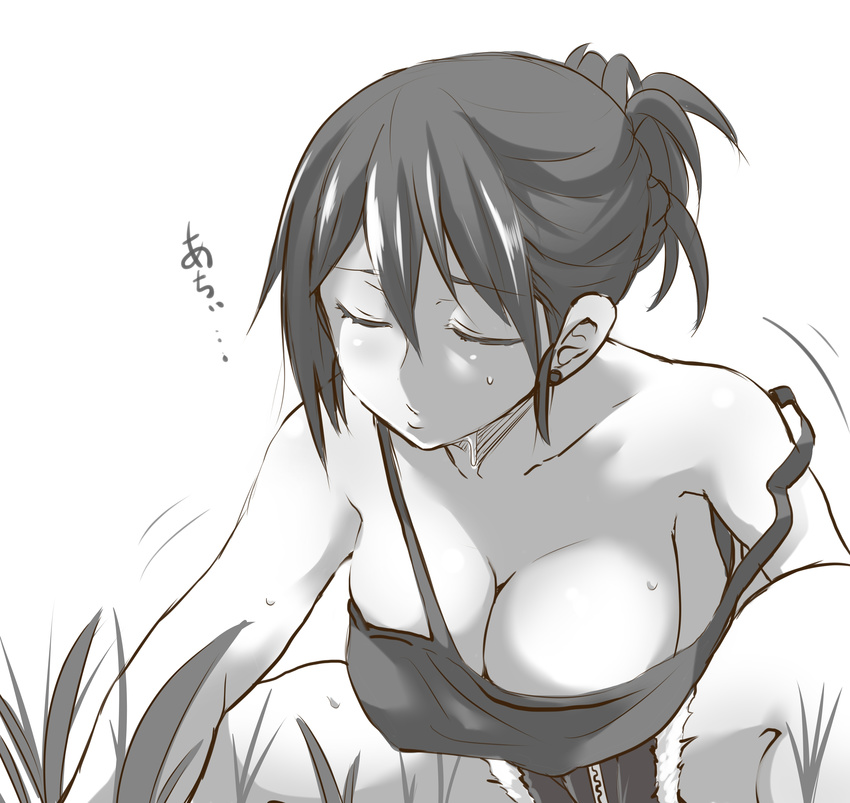 absurdres breasts cleavage closed_eyes dyson_(edaokunnsaikouya) grass greyscale highres large_breasts monochrome original short_hair short_shorts shorts simple_background solo squatting strap_slip sweat white_background