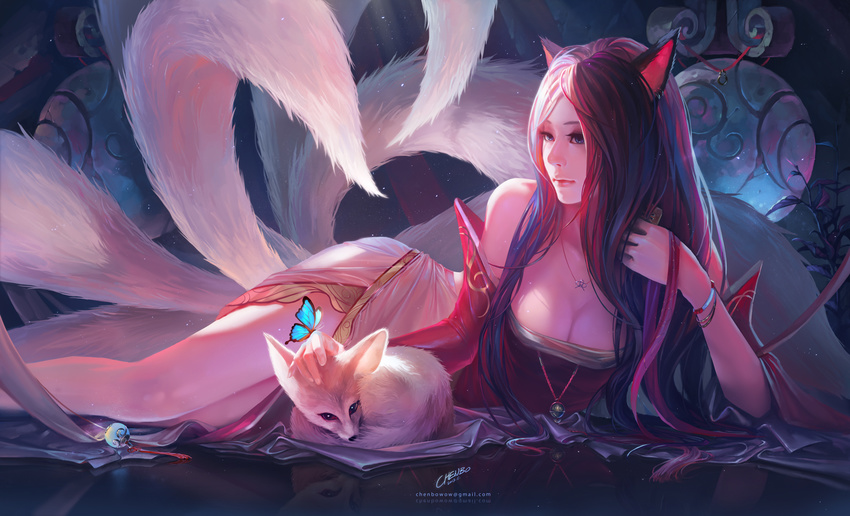 ahri animal_ears bare_legs breasts chenbo cleavage dress fox fox_ears fox_tail hanging_breasts highres league_of_legends legs long_hair looking_back lying medium_breasts multicolored_hair multiple_tails on_side red_dress signature tail two-tone_hair very_long_hair