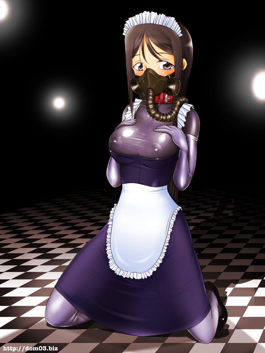 1girl blush brown_eyes brown_hair checkered checkered_floor collar dom03 elbow_gloves floor gloves highres latex_suit long_hair maid maid_headdress mary_janes shoes thighhighs