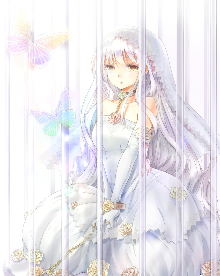 bare_shoulders bars bdsm bondage bound bound_wrists bug butterfly chain collar dress earrings flower highres insect jewelry long_hair original parted_lips ring shironeko_yuuki solo v_arms veil very_long_hair wedding_dress white white_hair yellow_eyes