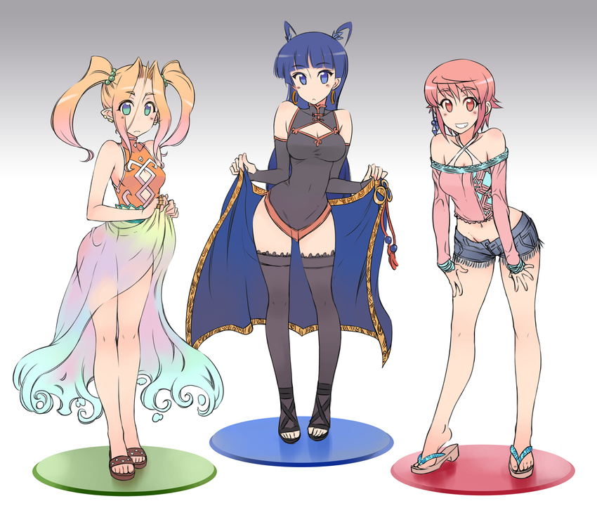 antenna_hair bare_shoulders black_legwear blonde_hair blue_eyes blue_hair blush breasts bridal_gauntlets china_dress chinese_clothes cleavage contrapposto dress earrings elbow_gloves gloves green_eyes hair_ornament highres hoop_earrings jewelry kagaminomachi_no_kaguya kaguya_(kagaminomachi_no_kaguya) kusanagi_tonbo long_hair looking_at_viewer medium_breasts midriff multiple_girls navel original otohime_(kagami_no_machi_no_kaguya) pink_hair red_eyes sandals saruwatari_akari short_hair shorts smile standing thighhighs twintails