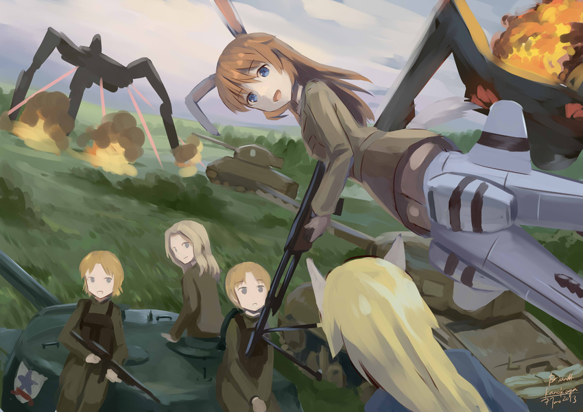 5girls animal_ears ar18_(upotte!!) artist_name battle battlefield blonde_hair blue_eyes brown_hair bulletproof_vest charlotte_e_yeager crossover dated day emblem fire firing girls_und_panzer grey_eyes ground_vehicle gun heavy_tank highres kanokoga kay_(girls_und_panzer) laser long_hair looking_at_another looking_back m16a4_(upotte!!) m1918_bar m26_pershing machine_gun marian_e_carl military military_uniform military_vehicle motor_vehicle multiple_girls neuroi noble_witches saunders_(emblem) sherman_firefly short_hair signature smile smoke strike_witches striker_unit submachine_gun tank uniform upotte!! war weapon world_witches_series