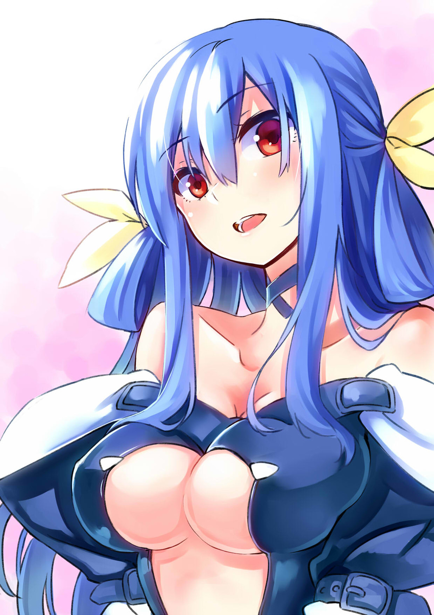 aki_poi bare_shoulders belt blue_hair blush bow breasts center_opening choker detached_sleeves dizzy guilty_gear hair_bow highres large_breasts red_eyes solo underboob