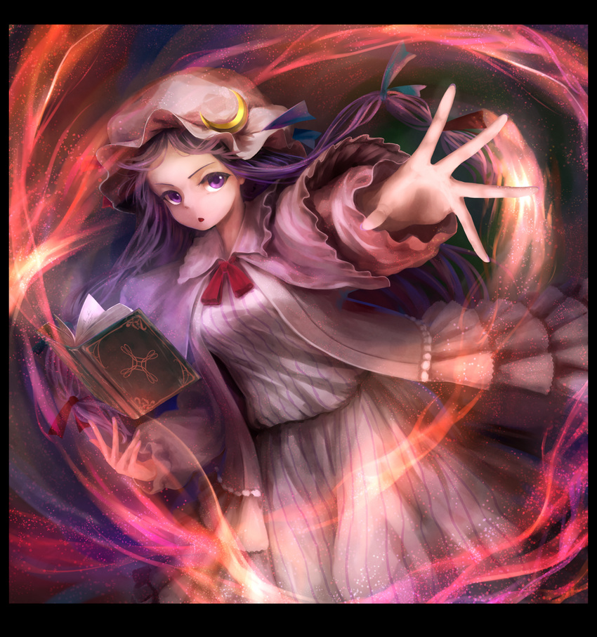 book chestnut_mouth coat crescent dress frame grimoire hat highres kachayori long_hair long_sleeves looking_at_viewer open_clothes open_coat open_mouth outstretched_arm outstretched_hand patchouli_knowledge purple_eyes purple_hair solo striped striped_dress touhou very_long_hair white_dress wide_sleeves