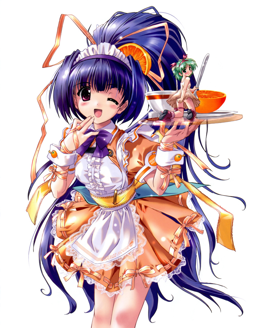 :d absurdres cup food food_themed_clothes fruit green_hair hair_ribbon highres komatsu_eiji liptan long_hair minigirl multiple_girls one_eye_closed open_mouth orange original ponytail purple_hair ribbon smile spoon very_long_hair waitress