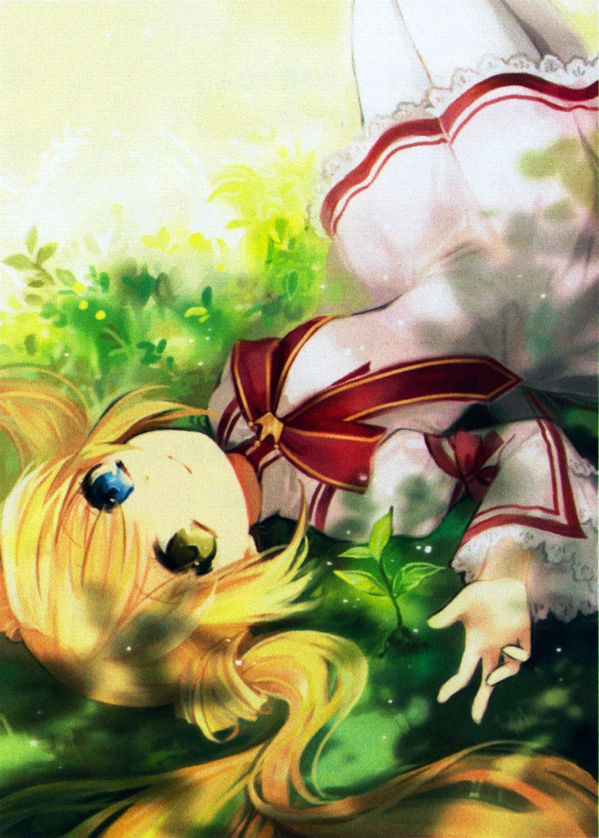 blonde_hair blue_eyes bud dappled_sunlight dress from_above from_behind grass heterochromia highres knees_up lace legs_together long_hair looking_at_viewer looking_back looking_up nakatsu_shizuru nature no_eyepatch outdoors pantyhose plant rewrite ribbon school_uniform shade smile solo sunlight tree tree_shade twintails under_tree white_legwear yellow_eyes yuhazu_(rhe-rhe)