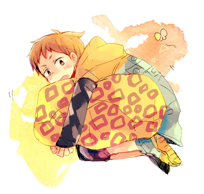 brown_eyes brown_hair bug butterfly embarrassed floating full_body highres insect jacket king_(nanatsu_no_taizai) looking_at_viewer male_focus nanatsu_no_taizai pillow pillow_hug shoes simple_background solo sundaypeople9 white_background