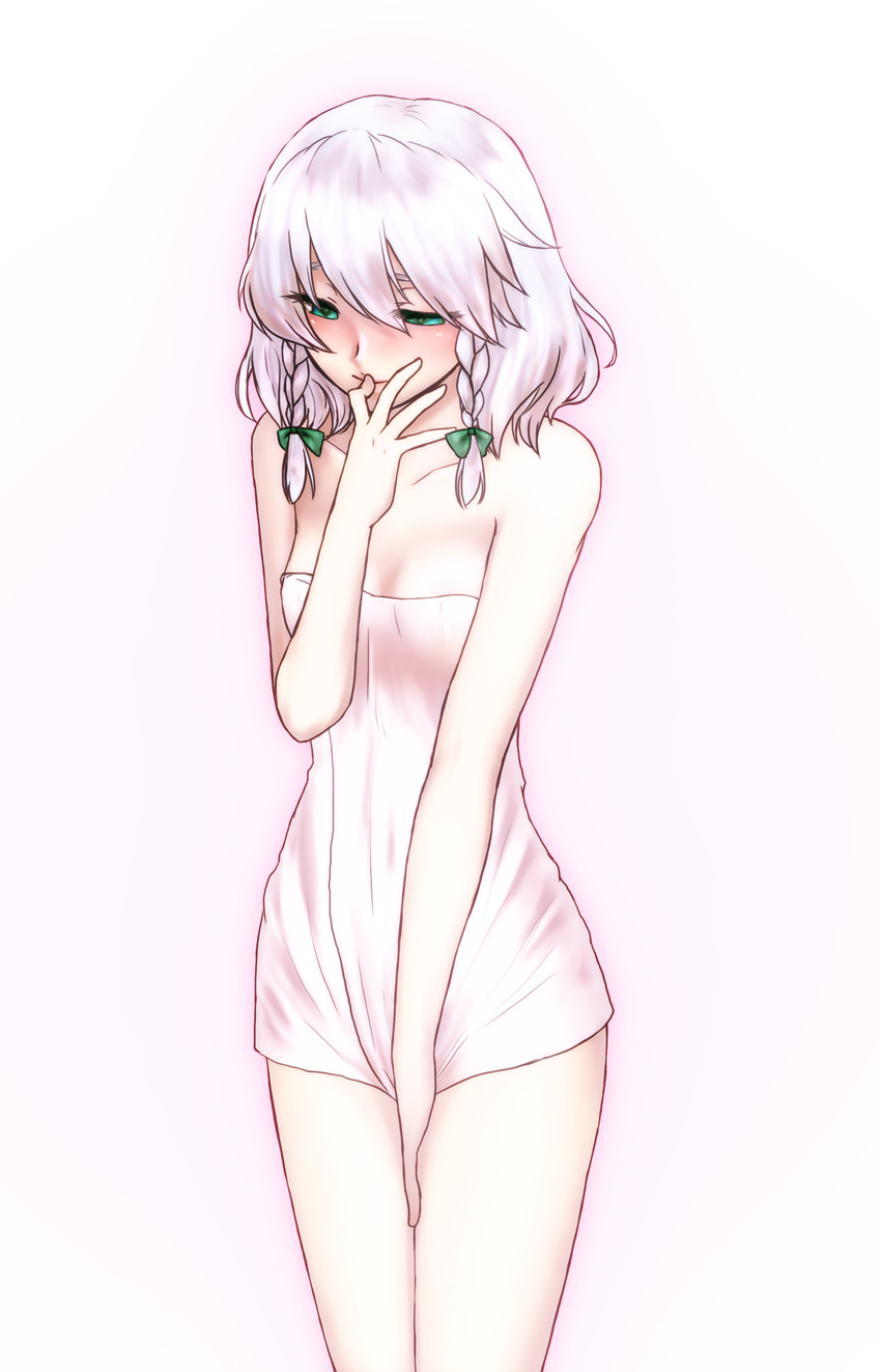 absurdres blush braid collarbone covering covering_crotch green_eyes hair_ribbon hand_to_own_mouth highres izayoi_sakuya naked_towel ribbon shy silver_hair smile solo tamu_(pixiv2426329) touhou towel twin_braids