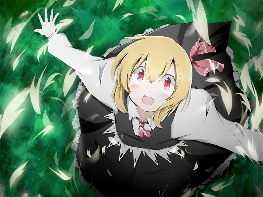 blonde_hair bwell fang from_above grass hair_ribbon head_tilt long_sleeves looking_at_viewer open_hand open_mouth outstretched_arms petals red_eyes ribbon rumia short_hair skirt skirt_set solo spread_arms touhou