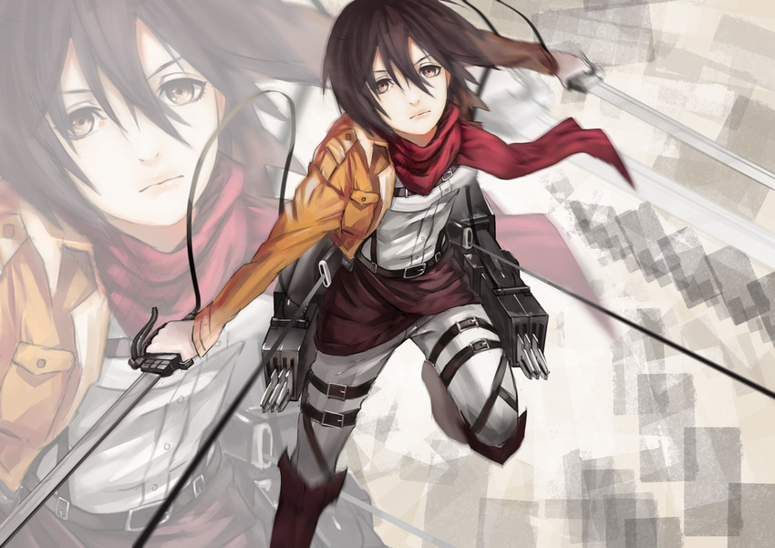 absurdres belt black_hair boots brown_eyes dual_wielding highres holding hq19910119 jacket mikasa_ackerman paradis_military_uniform scarf shingeki_no_kyojin short_hair solo sword thigh_strap weapon zoom_layer