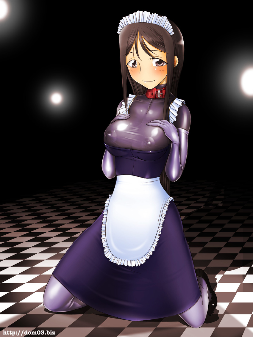 1girl blush brown_eyes brown_hair checkered checkered_floor collar dom03 elbow_gloves floor gloves highres latex_suit long_hair maid maid_headdress mary_janes shoes thighhighs
