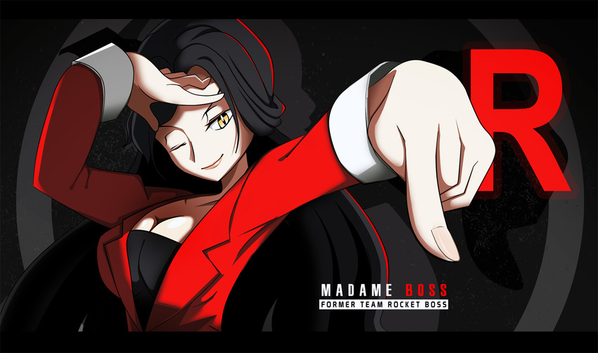 1girl black_hair breasts cleavage collarbone fingernails formal happy huge_breasts jacket lady_boss_(pokemon) lips lipstick long_hair madame_boss_(pokemon) makeup nail nails nintendo pointing pokemon pokemon_(game) red shiny smile solo suit team_rocket vivivoovoo wink yellow_eyes