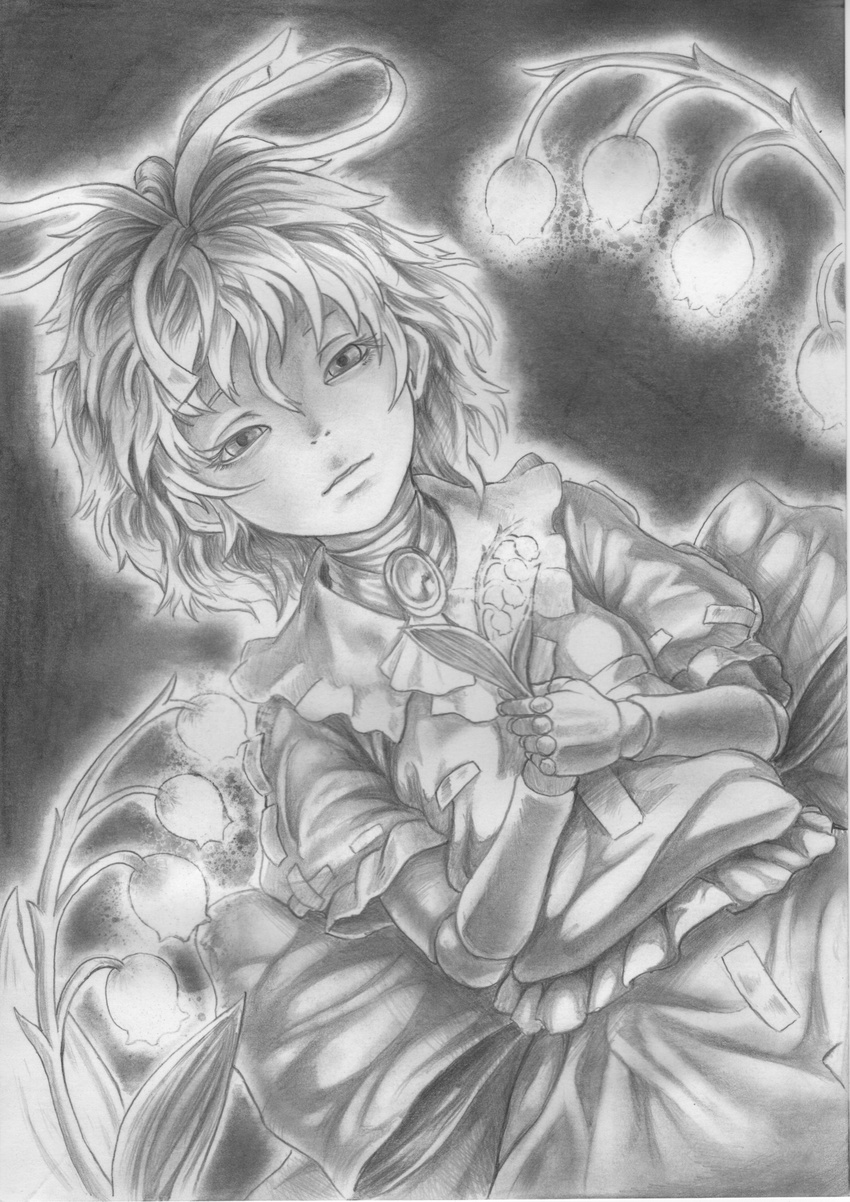 baten_(gei-vorugu) blouse brooch capelet doll_joints dutch_angle flower graphite_(medium) greyscale hair_ribbon high_collar highres jewelry lily_of_the_valley looking_at_viewer medicine_melancholy monochrome parted_lips puffy_short_sleeves puffy_sleeves ribbon short_hair short_sleeves skirt solo touhou traditional_media