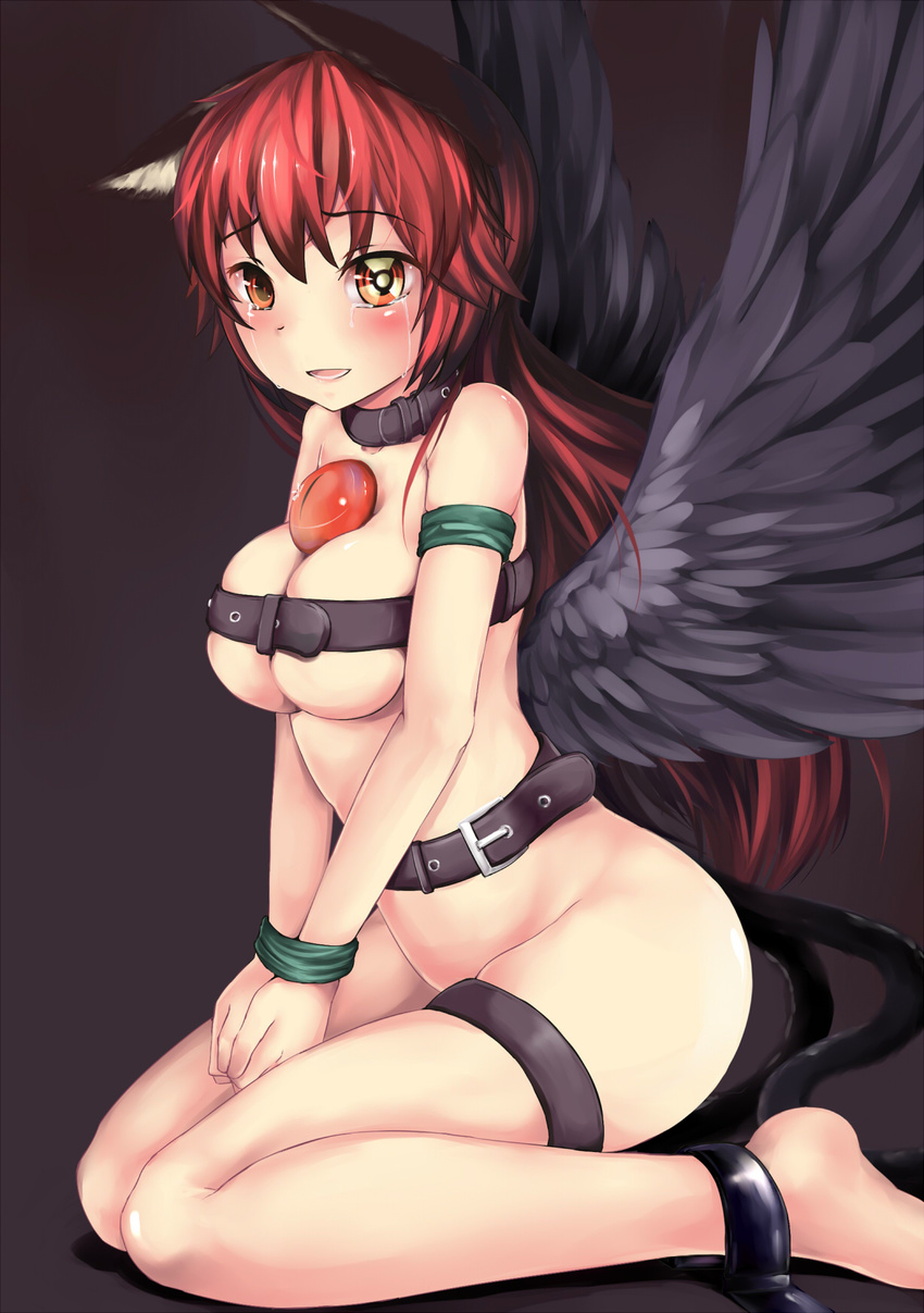 463_jun animal_ears bdsm belt beltbra bird_wings black_wings blush bondage bottomless bound breast_squeeze breasts cat_ears cat_tail cleavage collar crying fusion highres kaenbyou_rin large_breasts long_hair looking_at_viewer low_wings multiple_tails naked_belt nekomata radiation_symbol red_eyes red_hair reiuji_utsuho restrained sitting slave solo symbol-shaped_pupils tail third_eye touhou v_arms very_long_hair wariza wings