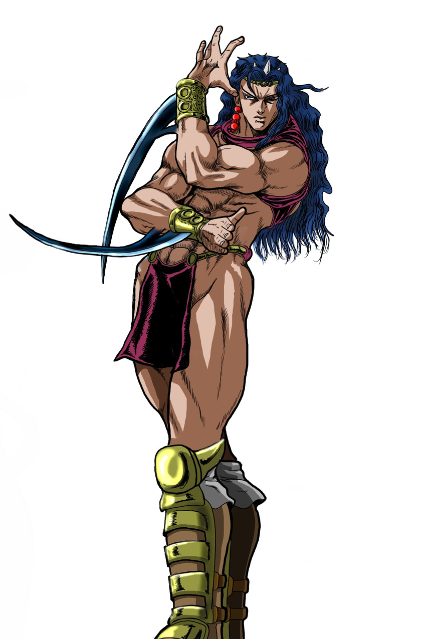 arm_blade blue_hair boots earrings highres horns jewelry jojo_no_kimyou_na_bouken kars_(jojo) loincloth lonelywolfzero long_hair male_focus manly muscle pose solo vambraces weapon