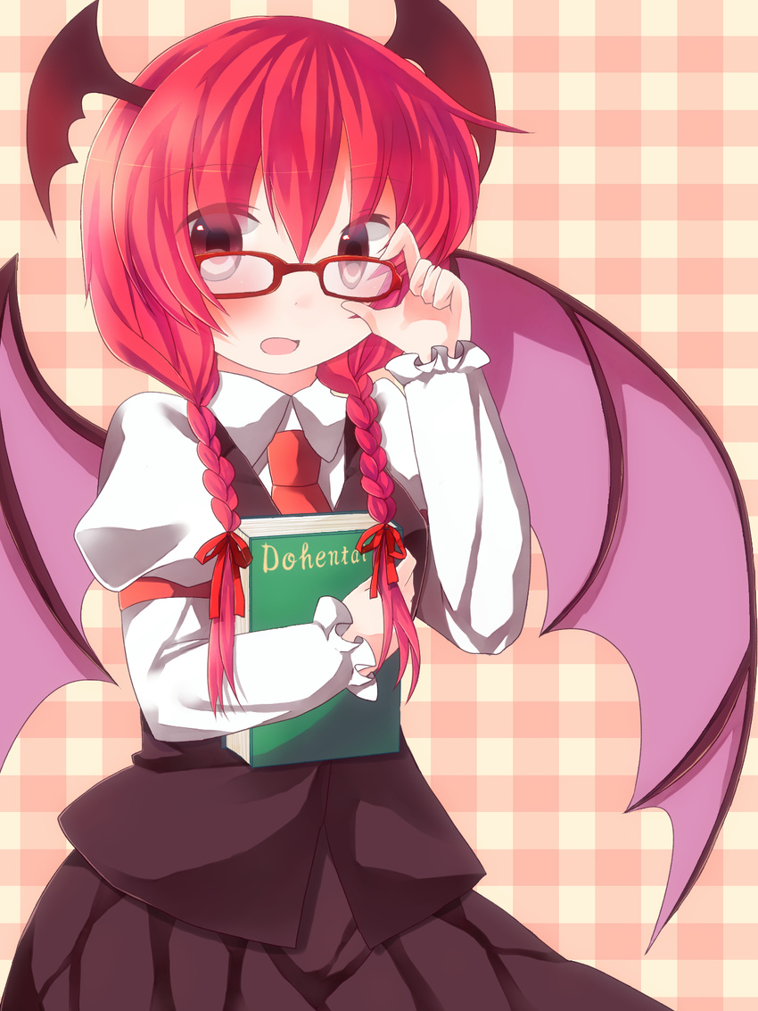 adjusting_eyewear alternate_hairstyle bat_wings bespectacled blush book book_hug braid checkered checkered_background glasses hair_ribbon head_wings highres holding holding_book juliet_sleeves koakuma long_hair long_sleeves looking_at_viewer necktie open_mouth puffy_sleeves red-framed_eyewear red_eyes red_hair red_neckwear ribbon shirt skirt skirt_set solo touhou twin_braids vest wings yucchan_(drizzle_star)