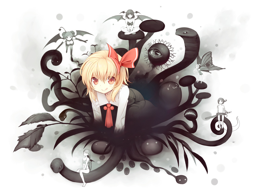 :q backbeard bat_wings blonde_hair character_request demon_tail eyes fujishiro_touma gegege_no_kitarou hair_ribbon looking_at_viewer multiple_girls red_eyes ribbon rumia short_hair sitting snake sword tail tongue tongue_out touhou weapon wings