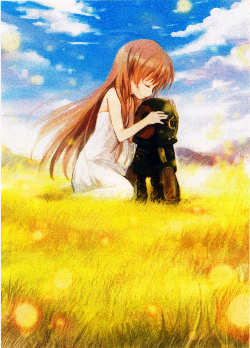 blue_sky brown_hair clannad closed_eyes cloud day dress field from_side garbage_doll girl_from_the_illusionary_world highres long_hair non-web_source outdoors profile robot sky sleeveless sleeveless_dress solo sparkle sundress white_dress yuhazu_(rhe-rhe)