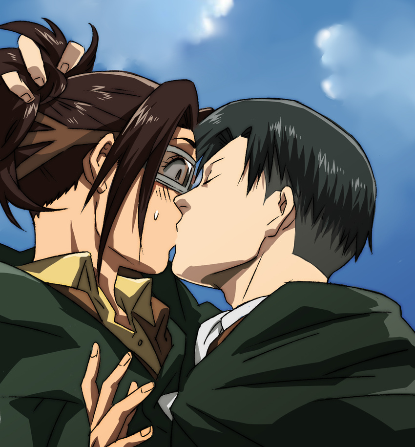 1girl anime_coloring black_hair brown_eyes brown_hair glasses hange_zoe hetero highres kiss levi_(shingeki_no_kyojin) ponytail shingeki_no_kyojin short_hair torata