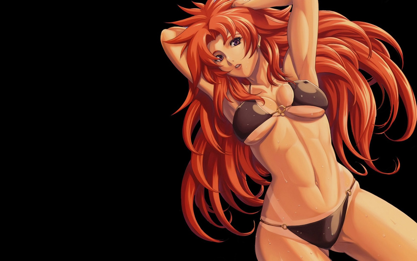 16:10 1girl abs bra breasts dark_skin earrings highres jewelry large_breasts long_hair muscle open_mouth panties purple_eyes queen's_blade queen's_blade red_hair risty solo standing sweat tan tanline underwear wallpaper