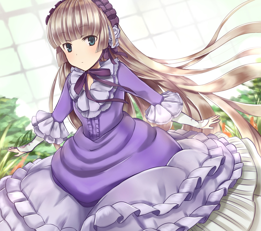 absurdres bad_id bad_pixiv_id bangs blonde_hair blunt_bangs chin_strap dress dutch_angle frills gosick green_eyes greenhouse hairband highres lolita_fashion long_hair long_sleeves looking_at_viewer outstretched_arms ribbon solo standing tooda_riko tsurime very_long_hair victorica_de_blois