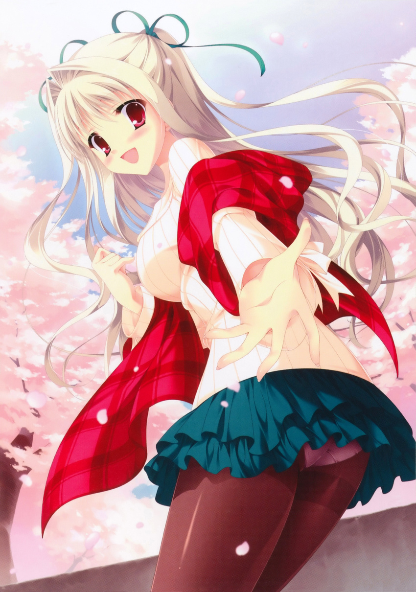 absurdres black_legwear blonde_hair cherry_blossoms da_capo da_capo_iii highres panties panties_under_pantyhose pantyhose red_eyes ribbed_sweater scarf skirt sweater tanihara_natsuki thighband_pantyhose underwear white_panties yoshino_charles