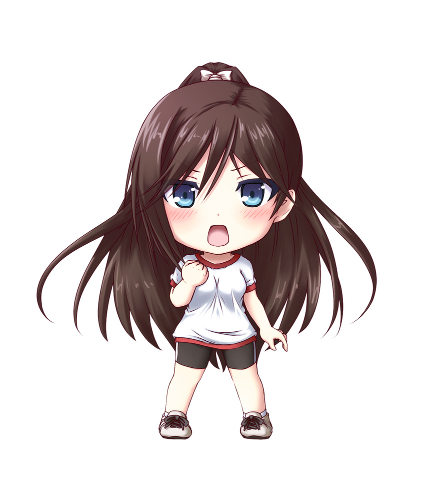 bike_shorts blue_eyes blush brown_hair chibi clenched_hand cross-laced_footwear full_body gym_uniform hentai_ouji_to_warawanai_neko. highres kuena long_hair open_mouth ponytail shoes short_sleeves simple_background sneakers solo tsutsukakushi_tsukushi very_long_hair white_background