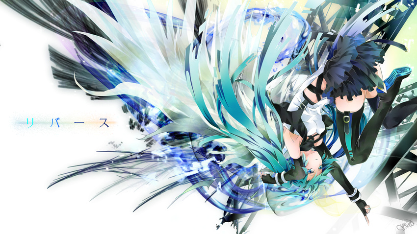 blue_eyes boots copyright_name elbow_gloves fingerless_gloves gloves green_hair hatsune_miku long_hair skirt solo thigh_boots thighhighs twintails tyouya upside-down very_long_hair vocaloid