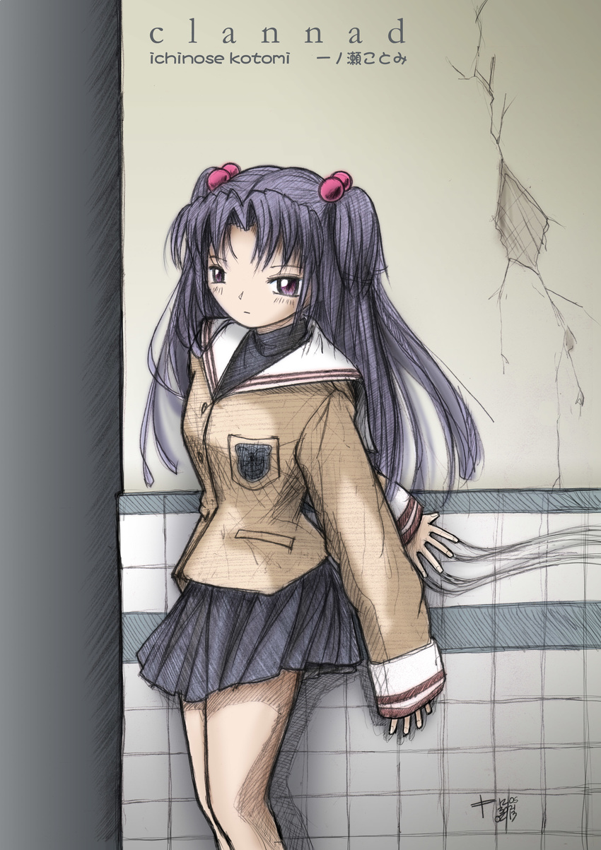 absurdres blue_hair clannad fred_gallagher hair_ornament highres ichinose_kotomi long_hair purple_eyes school_uniform skirt solo two_side_up