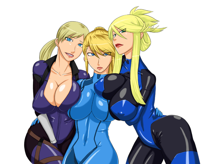 arm_around_waist asymmetrical_docking bangs between_legs blonde_hair blue_bodysuit blue_eyes bodysuit breast_hold breast_press breast_rest breasts cleavage closed_mouth collarbone covered_collarbone covered_navel covered_nipples cowboy_shot crossover eyes_visible_through_hair flipped_hair folded_ponytail girl_sandwich green_eyes grin hair_between_eyes hair_over_one_eye hand_between_legs head_tilt high_ponytail impossible_bodysuit impossible_clothes jill_valentine large_breasts leaning_forward lips lipstick long_hair look-alike low_ponytail makeup metroid metroid:_other_m ml mole mole_under_mouth multicolored multicolored_bodysuit multicolored_clothes multiple_crossover multiple_girls parted_lips ponytail red_lipstick resident_evil resident_evil_5 samus_aran sandwiched serious shinigami_(lilith) shiny shiny_clothes sidelocks simple_background skin_tight smile standing swept_bangs thigh_strap thighs touko_von_messerschmitt turtleneck white_background zero_suit