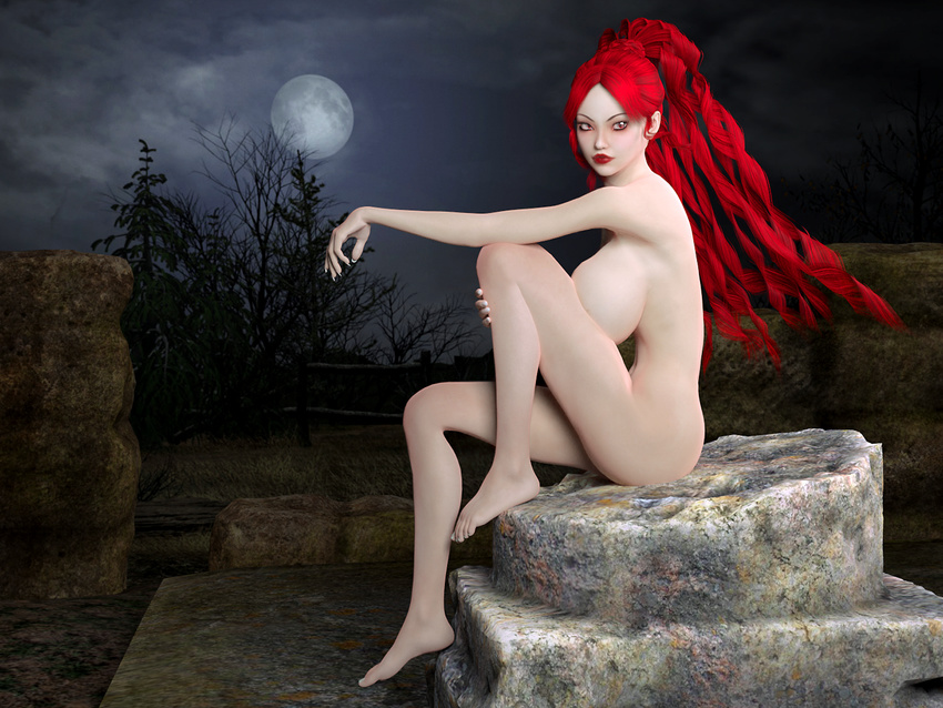 1girl 3d breasts drcyf female full_moon highres long_hair looking_at_viewer moon night nude original outdoors ponytail red_eyes red_hair sitting solo