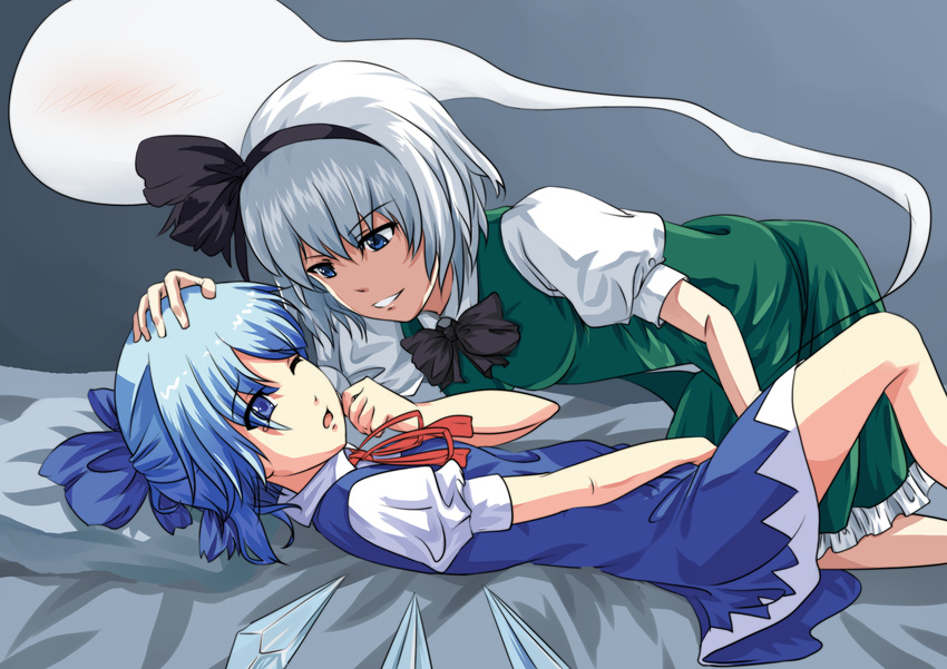 absurdres bed_sheet blue_eyes blue_hair blue_skirt blush cirno dress fingering green_dress hair_ribbon highres konpaku_youmu konpaku_youmu_(ghost) multiple_girls open_mouth ribbon silver_hair skirt smile sumomo_(sunrainday) tears touhou wings you_gonna_get_raped yuri