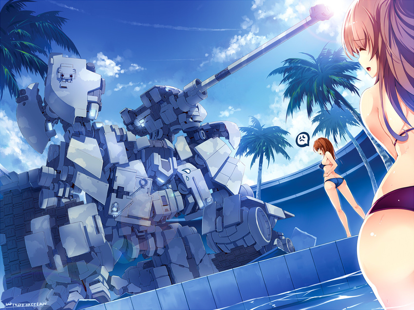 anger_vein bikini blue_bikini brown_eyes brown_hair cannon closed_eyes cloud condensation_trail day hand_on_hip highres lens_flare long_hair mecha multiple_girls open_mouth original palm_tree pool sky smile sunlight swimsuit tree water windforcelan