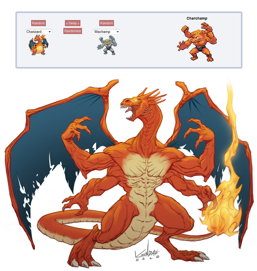 charizard commentary english_commentary fire fusion gen_1_pokemon glowing glowing_eyes highres kendall_hale machamp multiple_arms muscle no_humans pixelated pokemon pokemon_(creature) solo tail wings