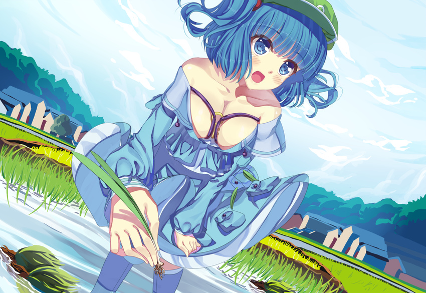 bad_id bad_perspective bad_pixiv_id bare_shoulders blue_dress blue_eyes blue_hair blue_sky blush boots breasts cloud collarbone day dress grass hair_bobbles hair_ornament hat kawashiro_nitori key long_sleeves medium_breasts no_bra open_mouth plant pocket rice_paddy rubber_boots short_hair skirt sky smile solo touhou two_side_up underwear xiaoai