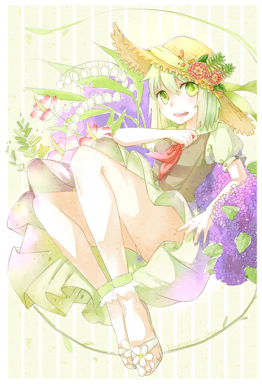dress flower green_eyes green_hair hat highres legs original ribbon sandals short_hair solo vest