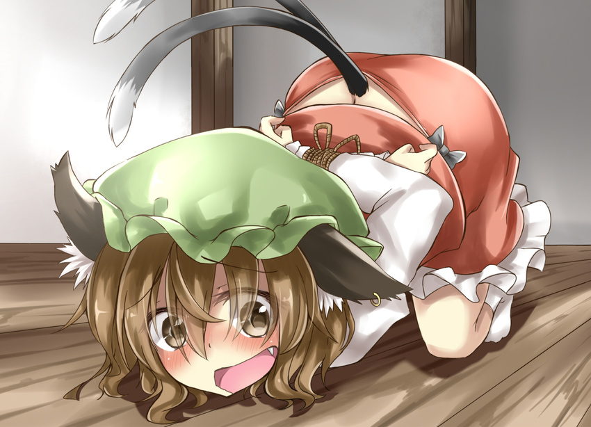 animal_ears arms_behind_back blush brown_eyes brown_hair cat_ears cat_tail chen commentary_request deetamu earrings fang hat jewelry multiple_tails nekomata open_mouth restrained shirt single_earring skirt skirt_set solo tail top-down_bottom-up touhou vest