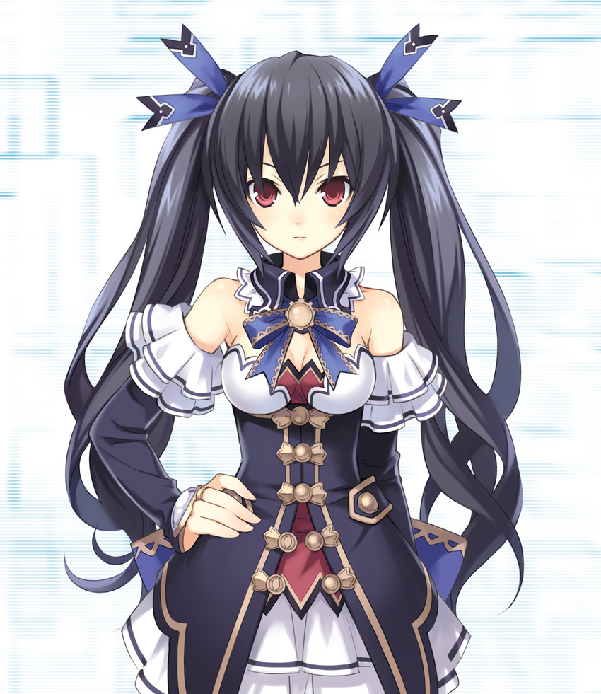 1girl artist_request black_hair breasts choujigen_game_neptune choujigen_game_neptune_mk2 cleavage compile_heart detached_collar detached_sleeves dress female hair_ornament hair_ribbon hand_on_hip hand_on_waist highres idea_factory long_hair looking_at_viewer neptune_(series) noire official_art red_eyes ribbon simple_background solo standing straight_hair strapless_dress twintails very_long_hair