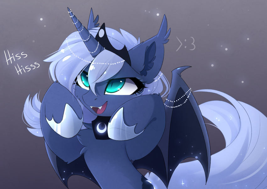 &gt;:3 2019 bat_wings crown equine fangs female friendship_is_magic hissing horn jewelry magnaluna mammal membranous_wings my_little_pony necklace princess_luna_(mlp) sblue_eyes slit_pupils sparkle tiara winged_unicorn wings