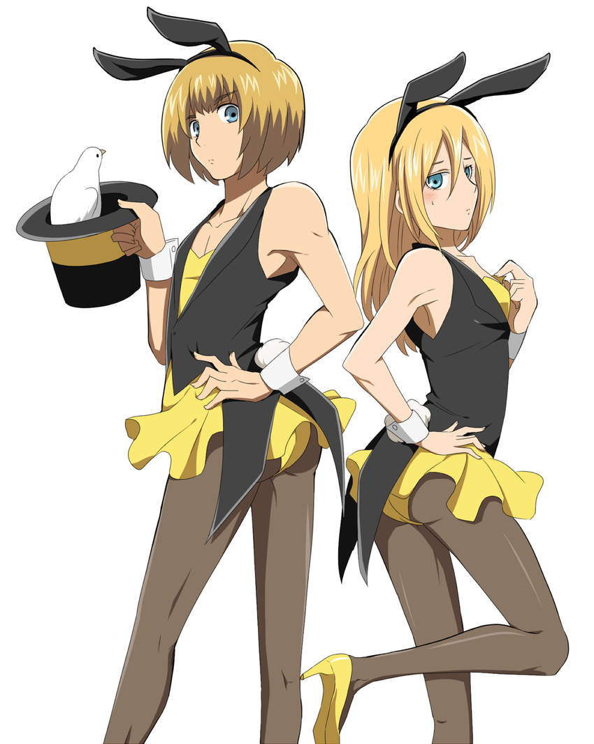 1girl animal_ears armin_arlert bird blonde_hair blue_eyes bunny_boy bunny_ears bunny_girl bunny_tail bunnysuit christa_renz crossdressing highres leotard otoko_no_ko pantyhose rumia_(compacthuman) shingeki_no_kyojin short_hair tail usamin wrist_cuffs