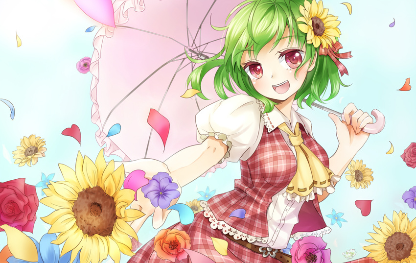 ascot belt blue_sky day flower green_eyes hair_flower hair_ornament highres kazami_yuuka looking_at_viewer open_clothes open_mouth open_vest outstretched_arm outstretched_hand parasol petals pink_eyes pink_flower pink_rose puffy_sleeves rose shironeko_yuuki shirt short_sleeves skirt skirt_set sky smile solo sunflower touhou umbrella vest