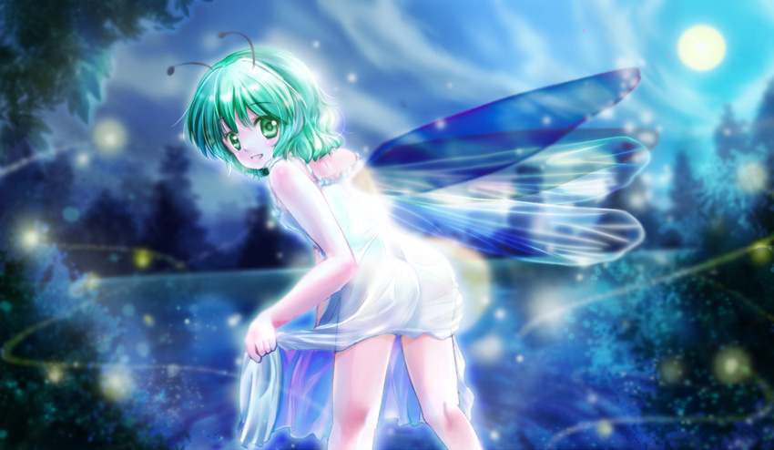 antennae ass chemise fireflies full_moon green_eyes green_hair insect_wings light_trail looking_at_viewer looking_back moon night parted_lips see-through short_hair solo strap_slip touhou tree tsukiori_sasa wings wriggle_nightbug