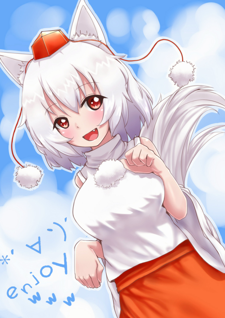 animal_ears blush breasts detached_sleeves emoticon fang hat highres inubashiri_momiji large_breasts moe_m open_mouth paw_pose pom_pom_(clothes) red_eyes short_hair silver_hair skirt smile solo tail tokin_hat touhou wolf_ears wolf_tail