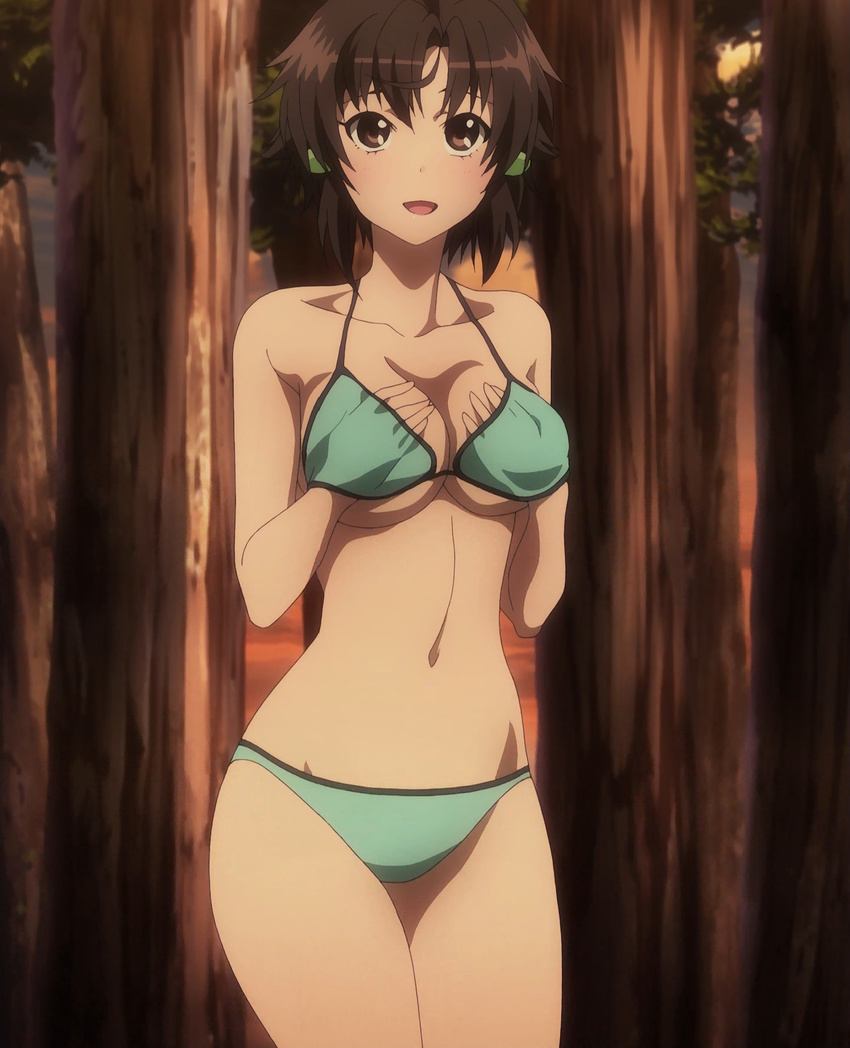 bikini breast_hold breasts brown_eyes brown_hair forest hand_under_clothes highres large_breasts masaki_nonoka nature navel photokano screencap short_hair solo sunset swimsuit tree