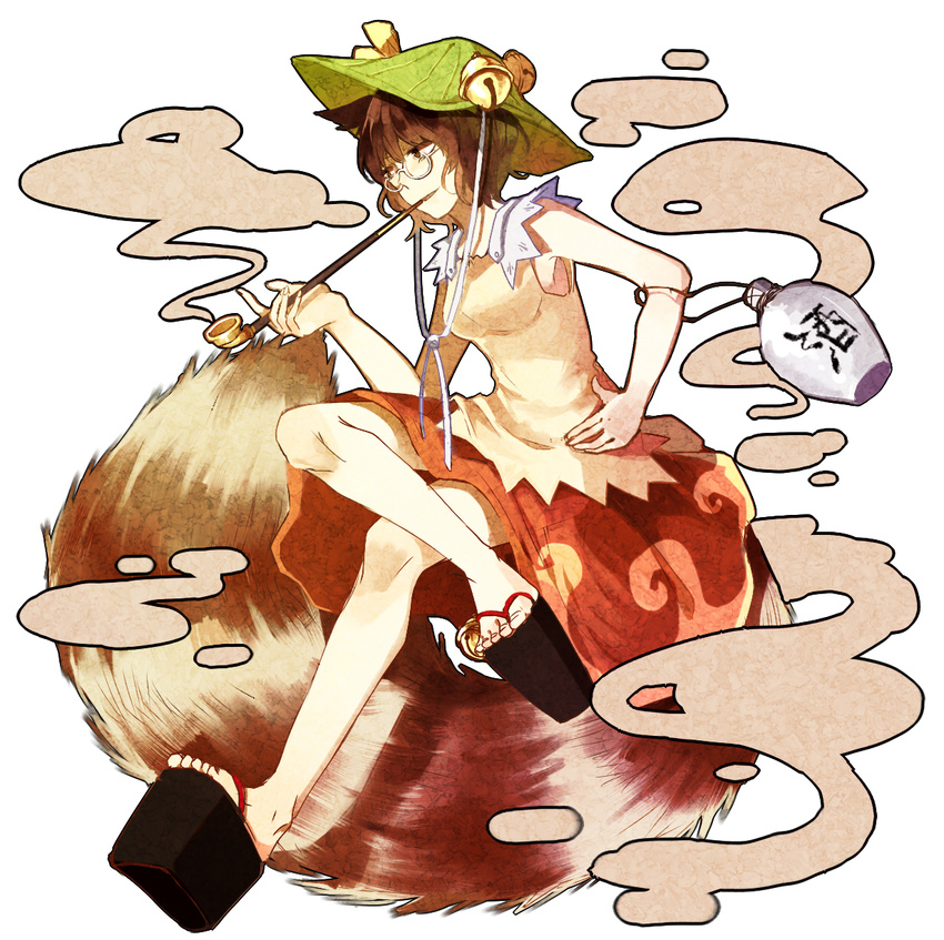 animal_ears armpits bangs bare_arms bell breasts brown_eyes brown_hair clog_sandals crossed_legs futatsuiwa_mamizou gourd hand_on_hip hat highres kiseru leaf leaf_on_head medium_breasts mei_luo pipe raccoon_ears raccoon_tail sandals short_hair sitting skirt sleeveless smoke smoking tail touhou